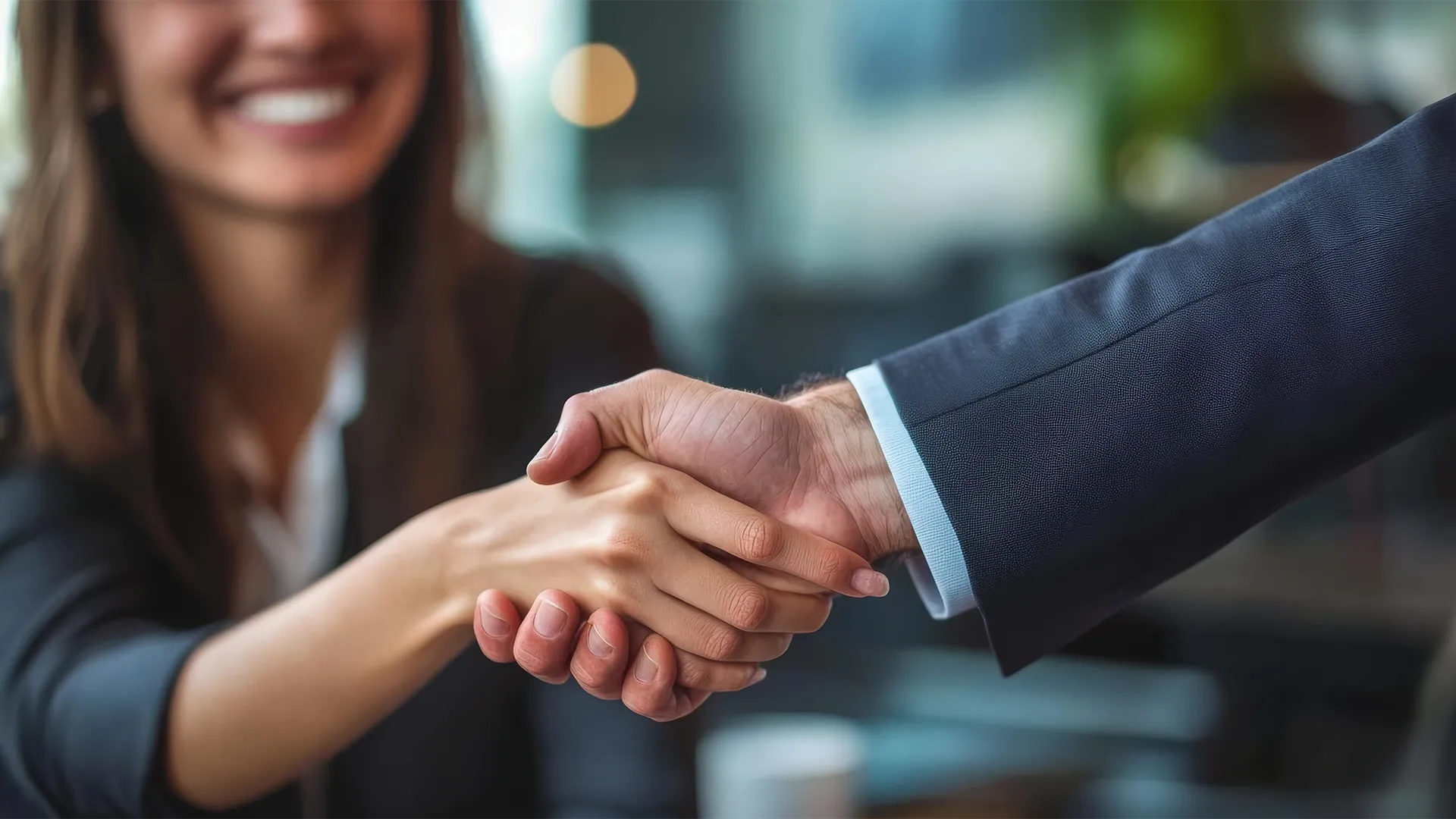 Two business professionals shaking hands in a modern office setting.